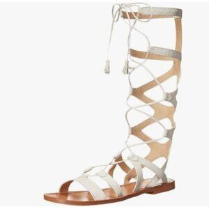 YDN White Sexy Knee High Lace up Flats Fringe Low Heel Gladiator Strap Sandals